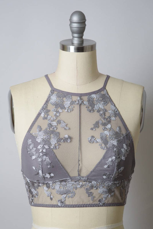 Embroidered Flower Sheer High Neck Bralette - Nairu® - A Candle Boutique -