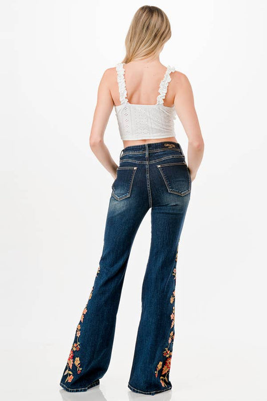 Floral Embroidery Dark Wash High waist Flare | HL - 51930 - Nairu® - A Candle Boutique -