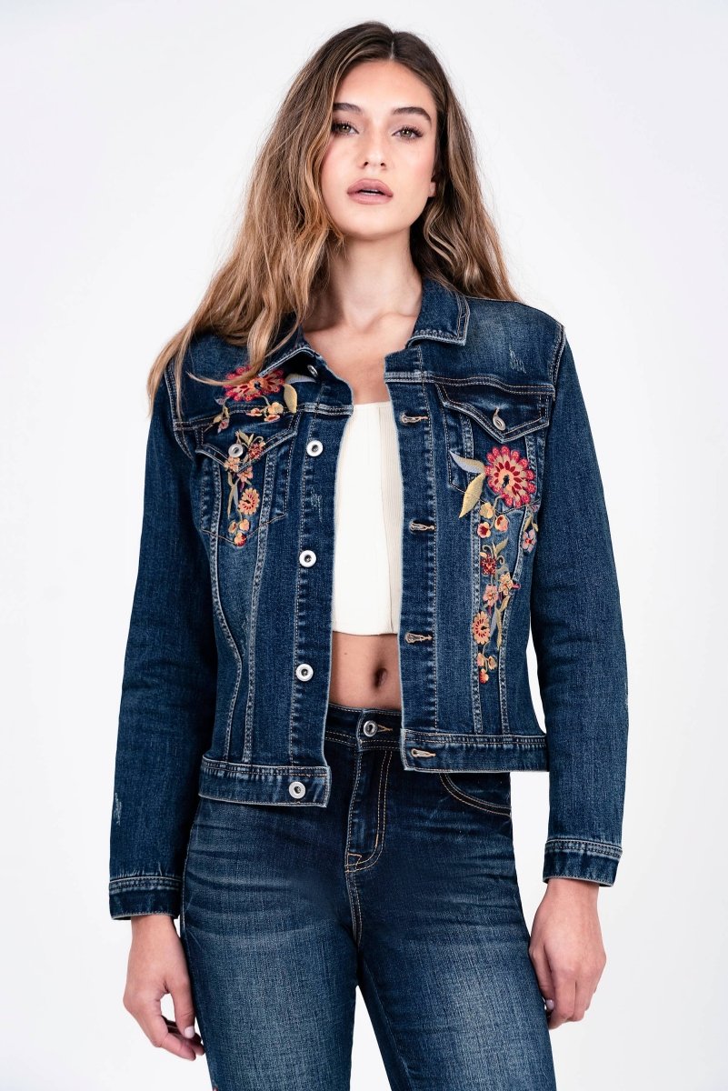 Floral Embroidery Detail Denim Jacket | TE - 51933 - Nairu® - A Candle Boutique -