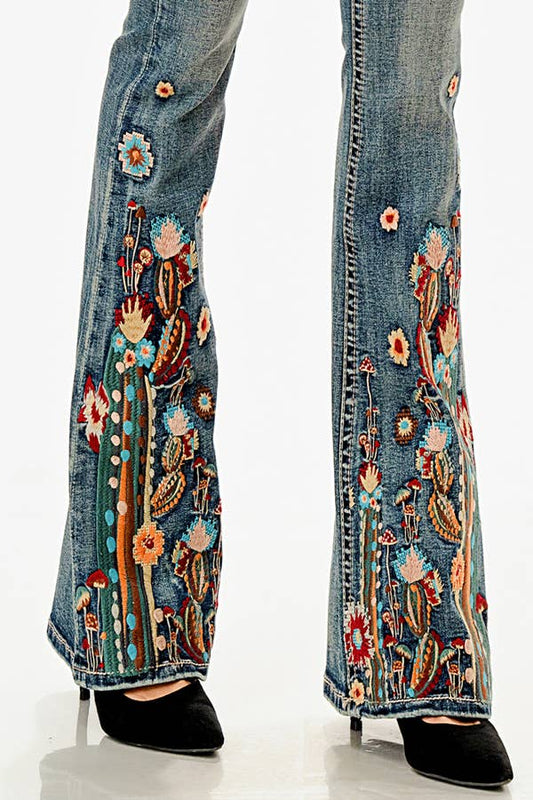 Floral Embroidery Mid - Rise Flare| EL - 61951 - Nairu® - A Candle Boutique - Denim -