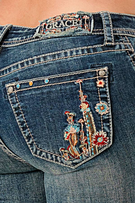 Floral Embroidery Mid - Rise Flare| EL - 61951 - Nairu® - A Candle Boutique - Denim -