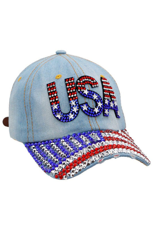 USA American Flag Bling Rhinestone Denim Cap - Nairu® - A Candle Boutique -
