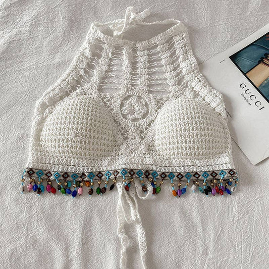 Crosa - Hollow - out Crochet Fringe Halter Bikini Top - Nairu® - A Candle Boutique - 
