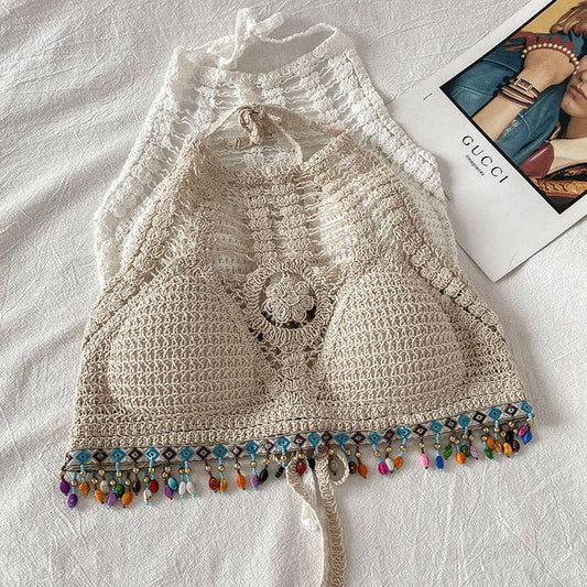 Crosa - Hollow - out Crochet Fringe Halter Bikini Top - Nairu® - A Candle Boutique - 