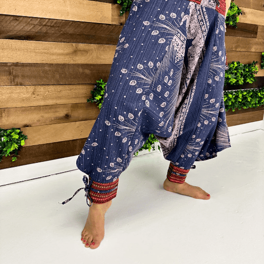 Elephant Print Cotton Harem Yoga Pants with Ankle Strap - Nairu® - A Candle Boutique - 
