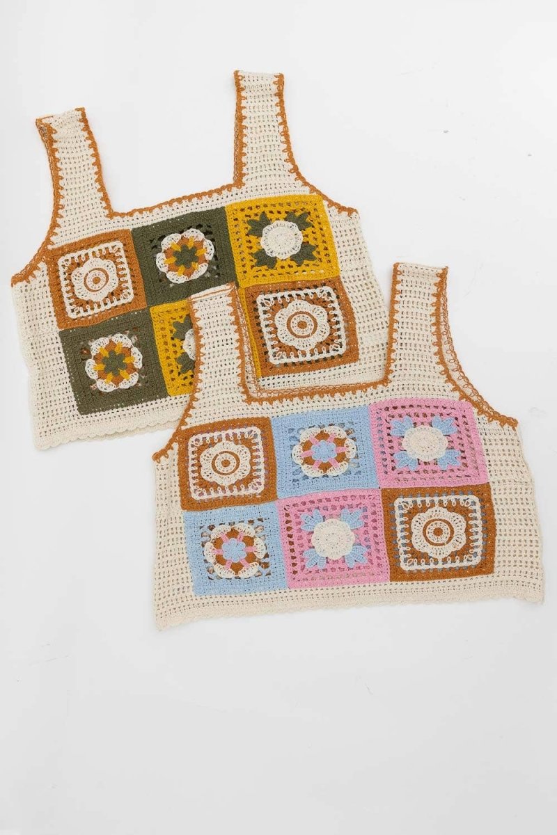 🌼 Embroidered Floral Mosaic Pink Crochet Top 🌼 - Nairu® - A Candle Boutique - 