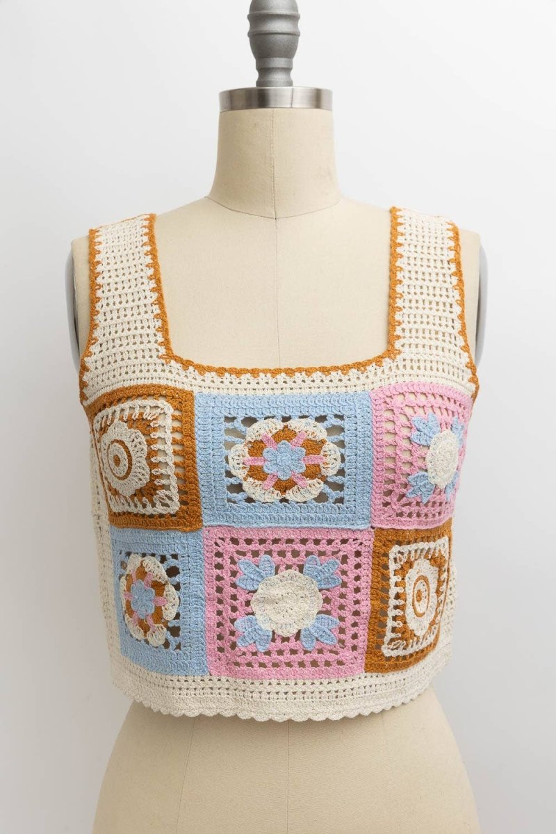 🌼 Embroidered Floral Mosaic Pink Crochet Top 🌼 - Nairu® - A Candle Boutique - 