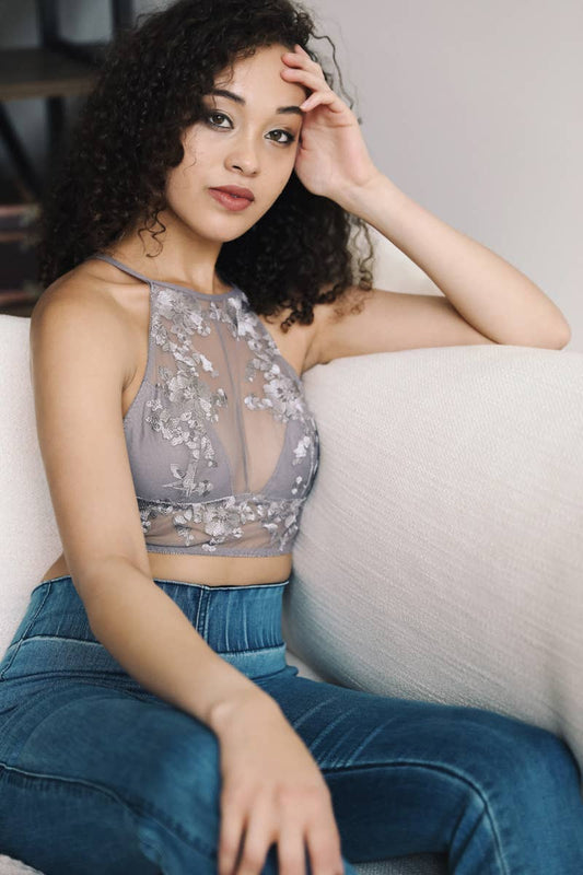 Embroidered Flower Sheer High Neck Bralette - Nairu® - A Candle Boutique - 