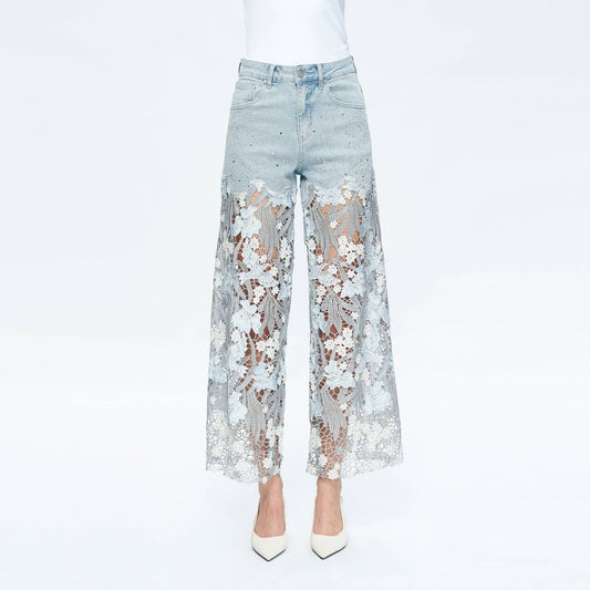 HIGH RISE WIDE LEG JEANS WITH LACE SPLICED BYW8090 - Nairu® - A Candle Boutique - 