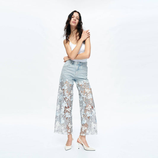 HIGH RISE WIDE LEG JEANS WITH LACE SPLICED BYW8090 - Nairu® - A Candle Boutique - 