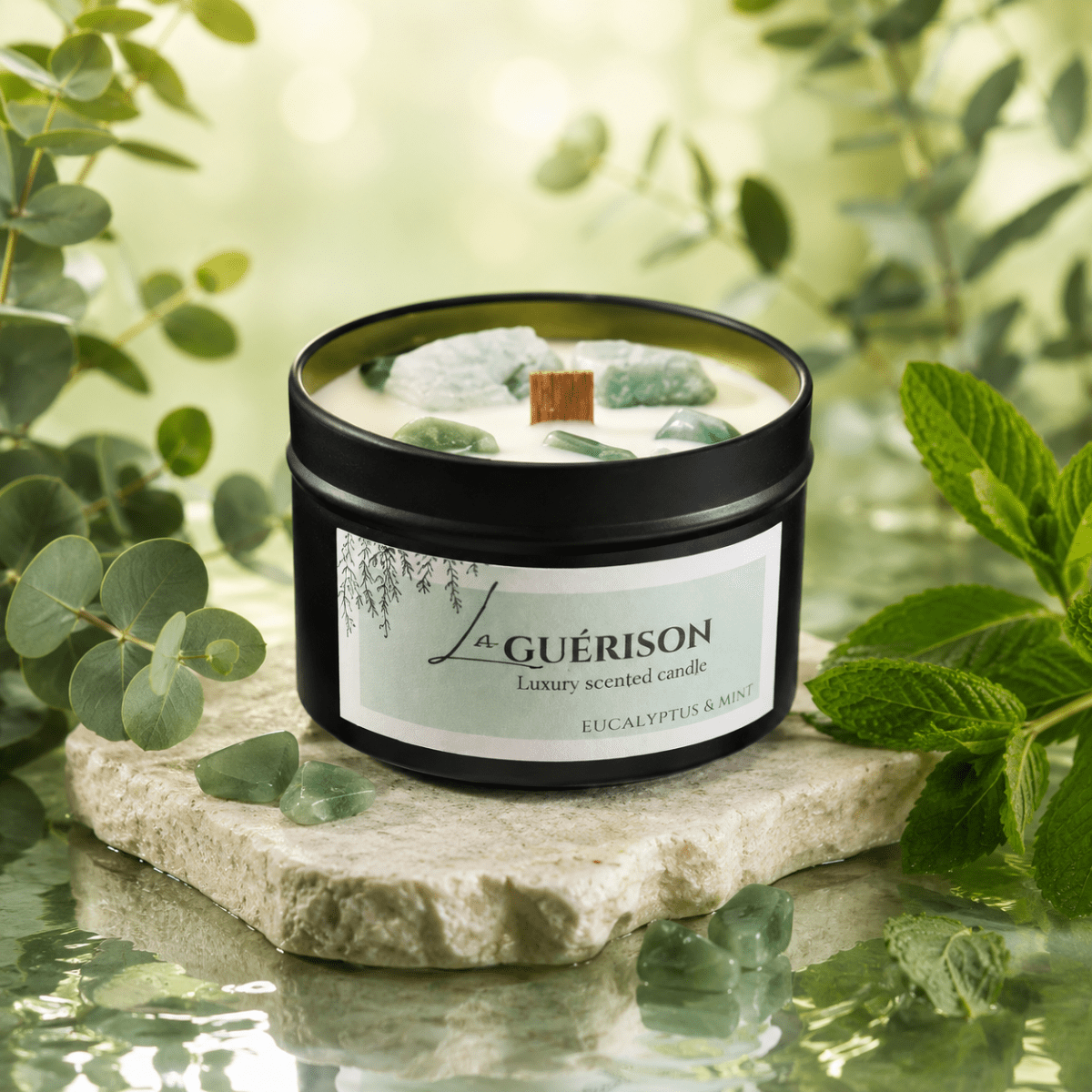 La Guérison - Eucalyptus & Mint: Soy Wax Candle with Green Aventurine Gem Stones - Nairu® - A Candle Boutique - Scented Candle -