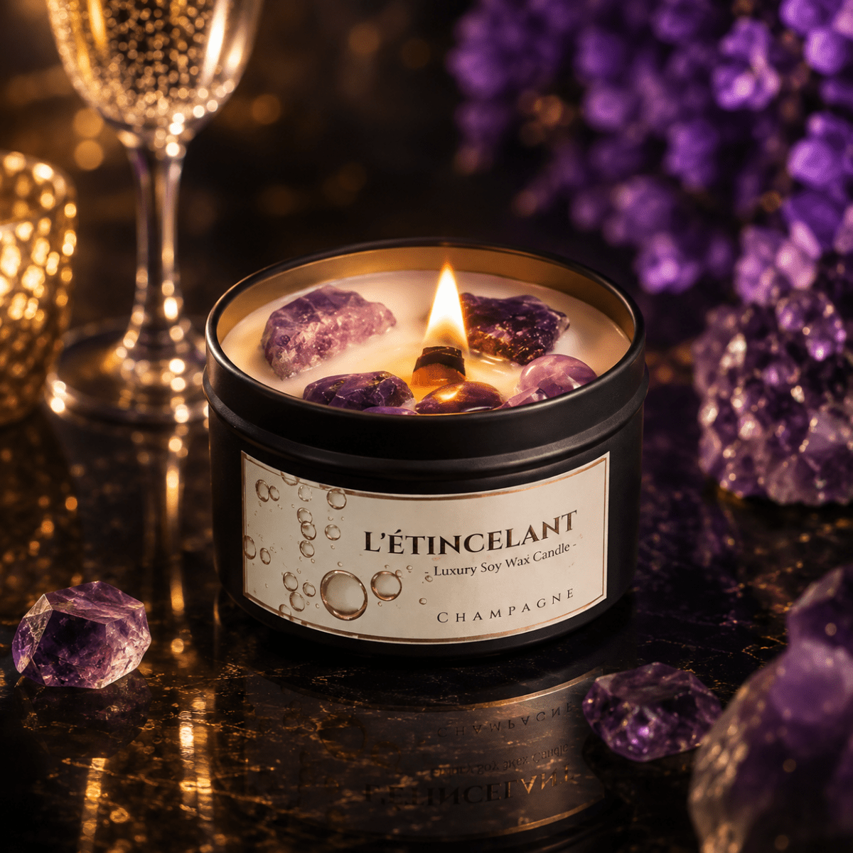 L'étincelant - Champagne Euphoria: Soy Wax Candle with Amethyst Gem Stones - Nairu® - A Candle Boutique - Scented Candle -