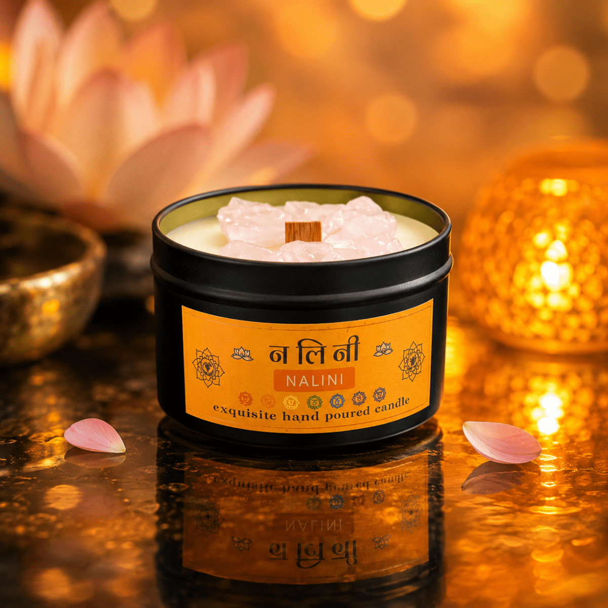 NALINI® - Blooming Lotus: Soy Wax Candle with Rose Quartz & Wood Wick - Nairu® - A Candle Boutique - Scented Candle -