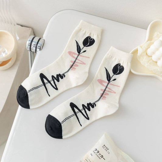 Rufia - Black and White Floral Patterned Socks - Nairu® - A Candle Boutique - 