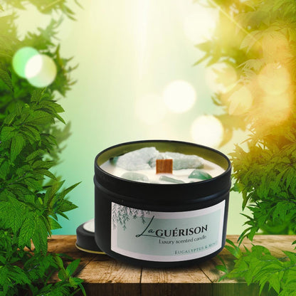 La Guérison - Eucalyptus & Mint Serenity: Soy Wax Candle with Green Aventurine Gem Stones - Nairu™ - A Candle Boutique - Scented Candle -